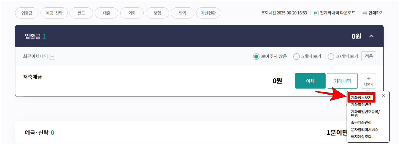 더보기 메뉴 중 '계좌정보보기'를 선택
