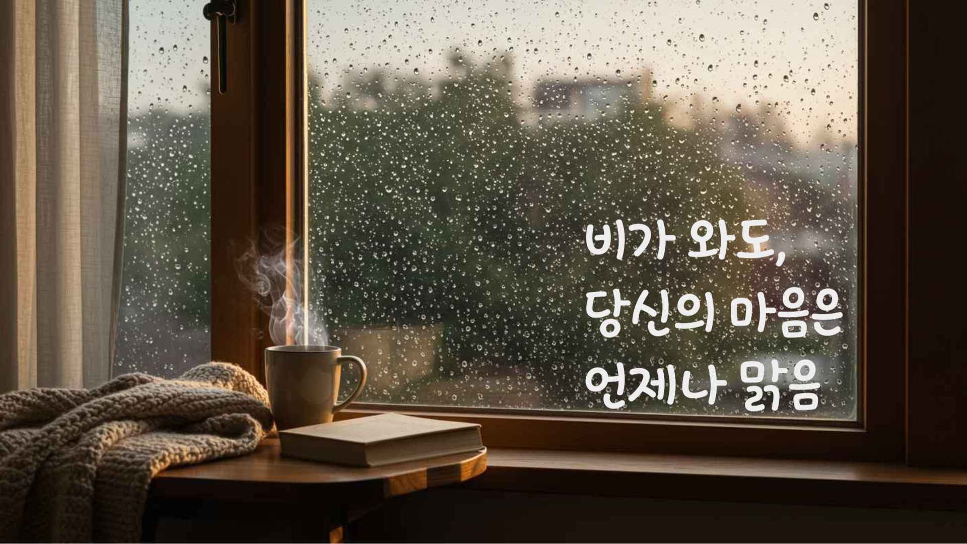 창가에 빗방울이 맺혀있고, 따뜻한 커피 한 잔과 책 한 권이 놓여있는 감성적인 이미지. '비가 와도, 당신의 마음은 언제나 맑음'이라는 문구가 쓰여 있음