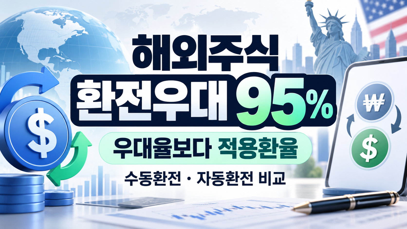 해외주식 환전우대 95%와 수동환전&middot;자동환전의 적용환율 비교를 안내하는 금융 이미지