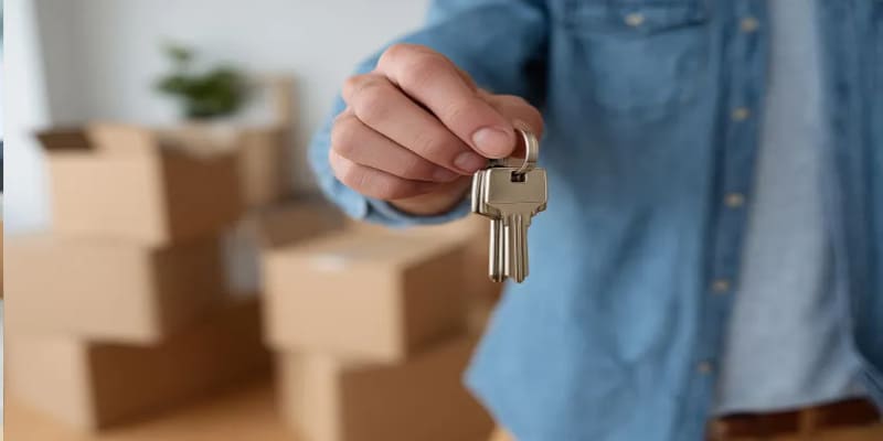 이삿짐 상자 앞에서 새집 열쇠를 들고 있는 남성의 손