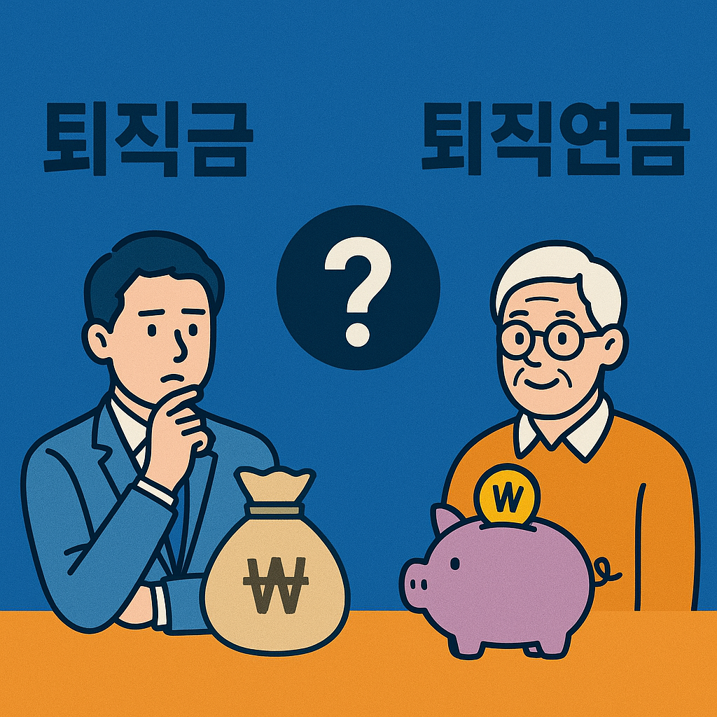 퇴직금과 퇴직연금을 비교하는 일러스트. 왼쪽에는 정장을 입은 젊은 남성이 고민하는 표정으로 돈자루(₩)를 바라보고 있고, 오른쪽에는 노년의 남성이 돼지저금통 옆에서 미소를 짓고 있음. 가운데에는 &lsquo;물음표(?)&rsquo; 아이콘이 배치되어 두 제도의 차이를 상징적으로 표현함. 배경은 파란색과 주황색으로 분할되어 있음