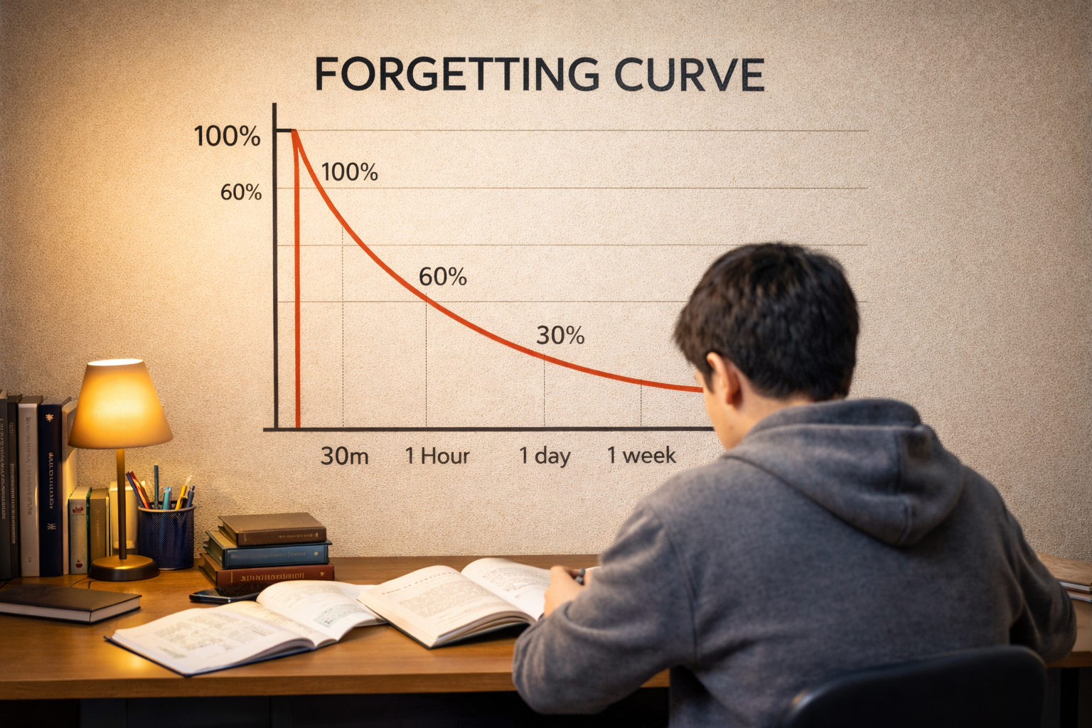망각곡선에 따라 효율적으로 복습하는 학생의 뒷모습