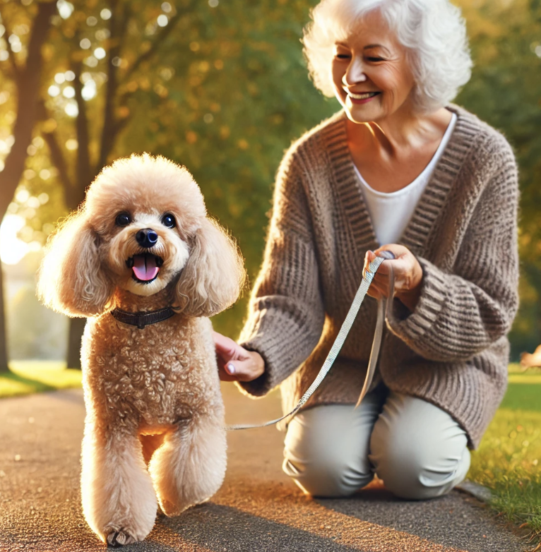 노인과 함께 산책하는 행복한 푸들