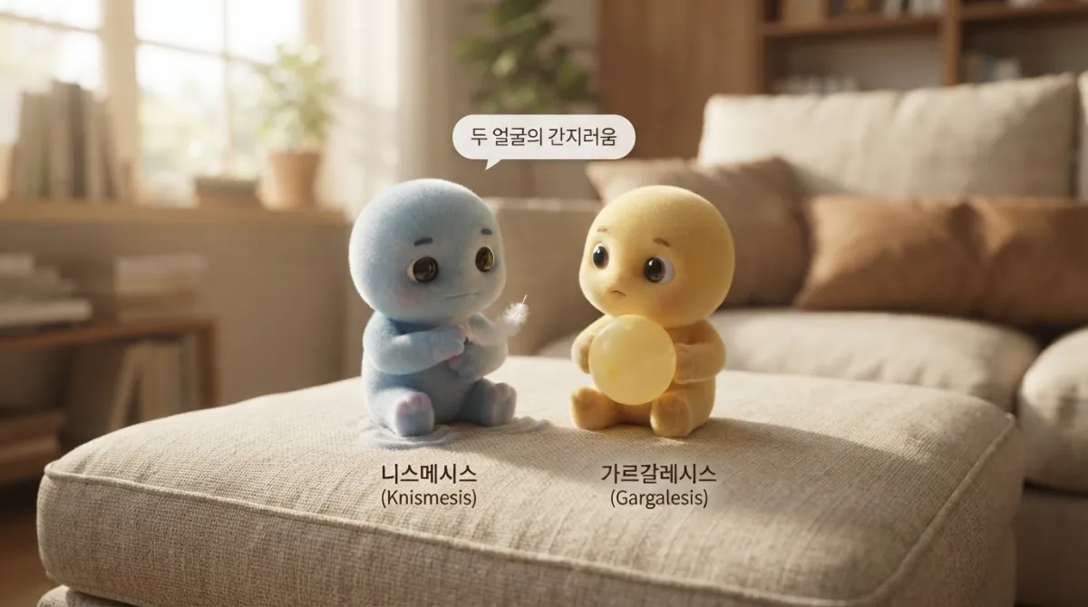 베이지색 린넨 소파 위에서 두 미니미 캐릭터가 대비되는 간지러움 반응을 보이는 비교 일러스트. 왼쪽 캐릭터는 깃털로 팔을 스치는 니스메시스, 오른쪽 캐릭터는 노란 풍선으로 옆구리를 누르는 가르갈레시스 자극을 시도하지만 둘 다 무반응