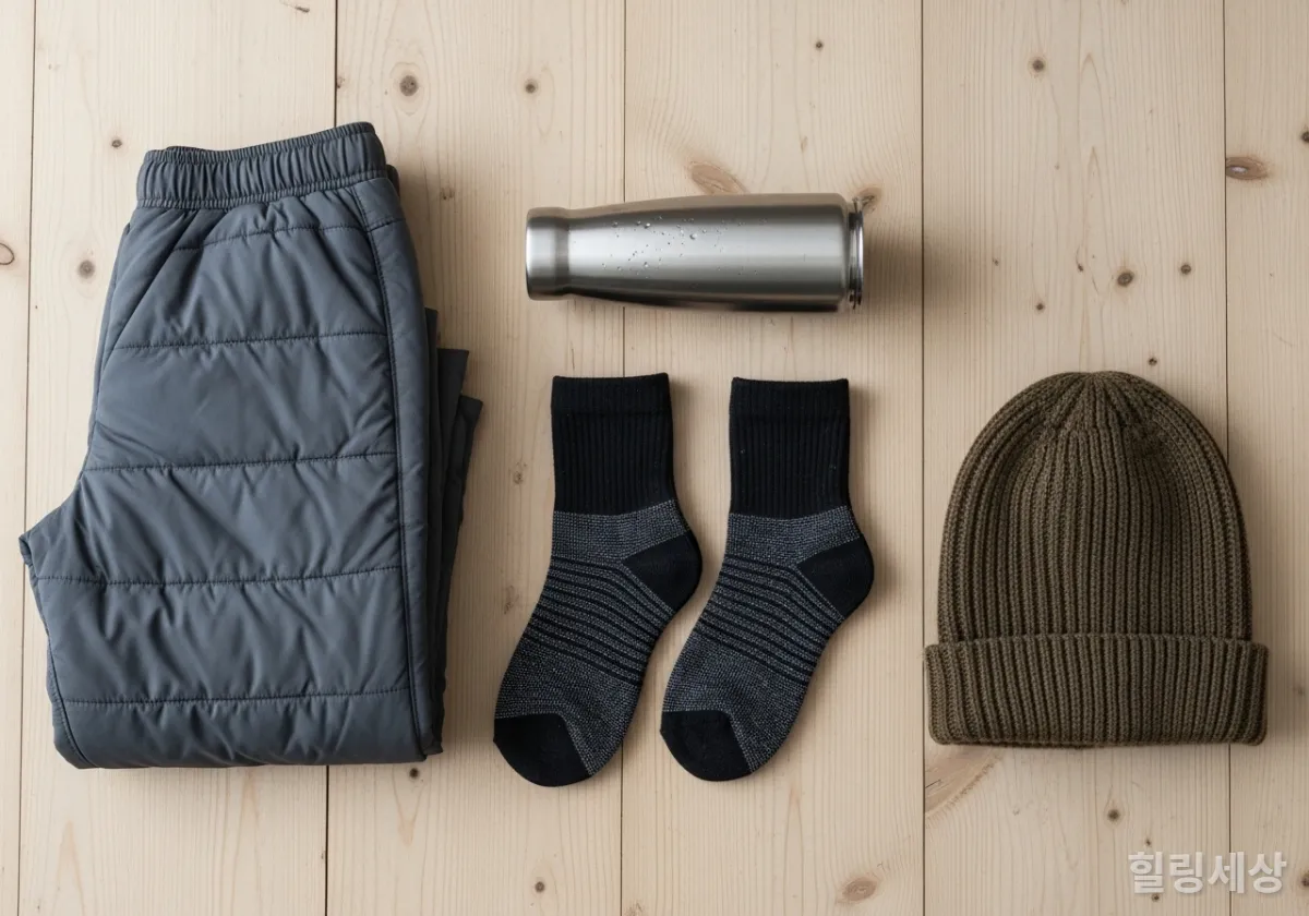 겨울철 안전한 맨발 걷기를 위한 어싱 전용 양말, 따뜻한 물, 방한 용품 등 필수 준비물 모음