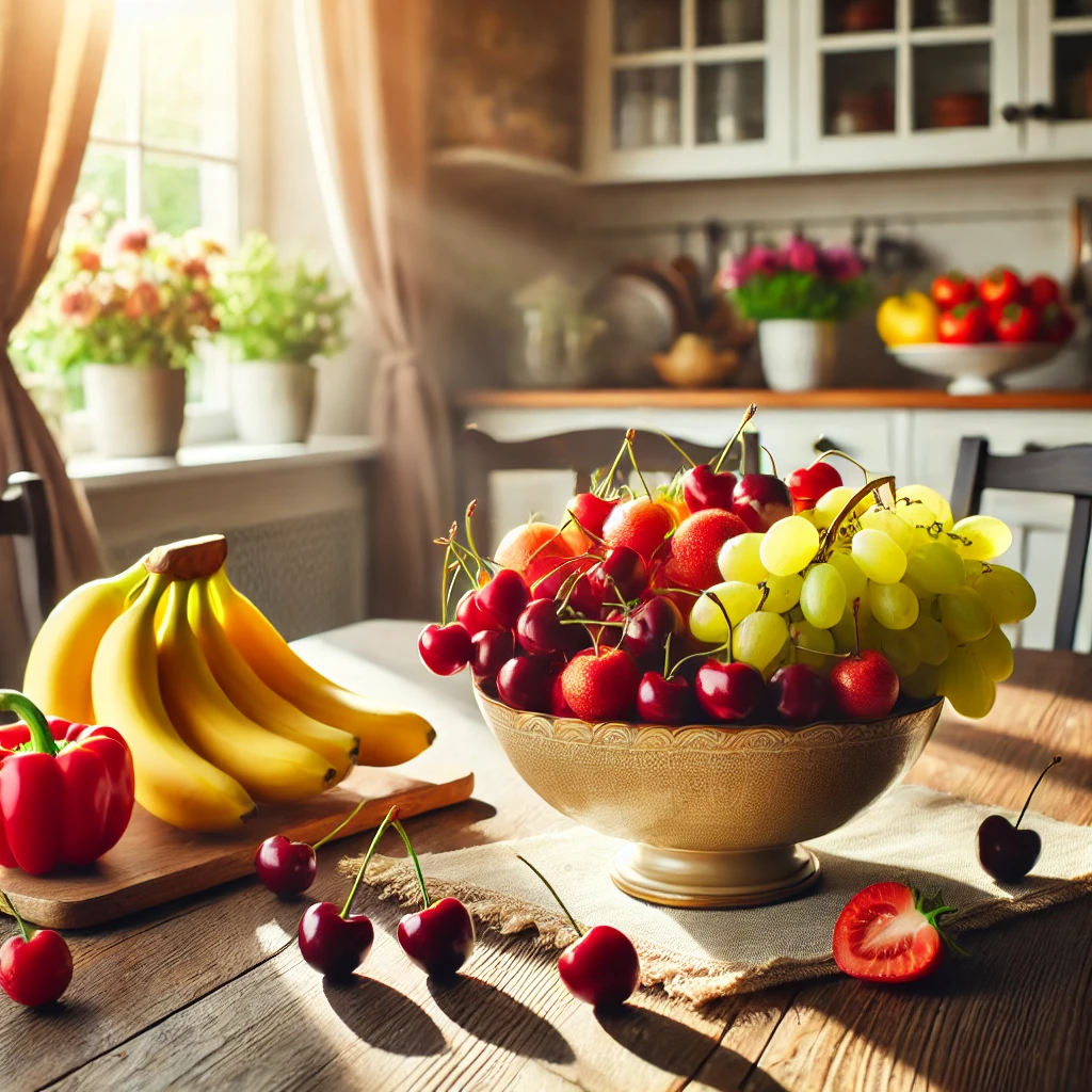 체리-바나나-포도-토마토가-있는-식탁