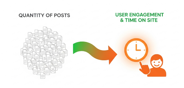 2025년 애드센스 수익의 핵심이 글 수에서 사용자 체류 시간과 만족도로 이동했음을 보여주는 미니멀리스트 인포그래픽.