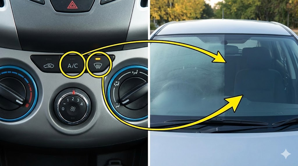 자동차 에어컨 버튼 조작으로 앞 유리 김 서림을 제거하는 비교 이미지