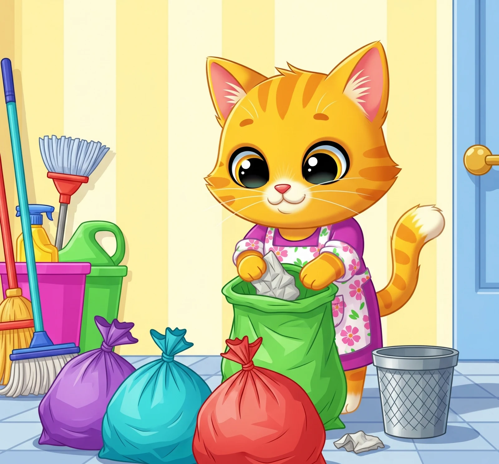 쓰레기를 정리하는 고양이 그림, Illustration of a cat cleaning up litter