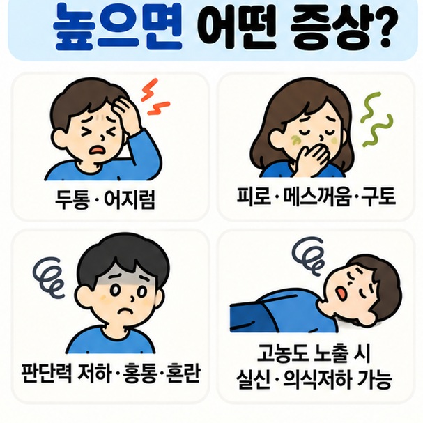 두통 어지럼 피로 메스꺼움 혼란 실신 등 일산화탄소 농도 상승 시 나타날 수 있는 증상을 차분하게 정리한 이미지