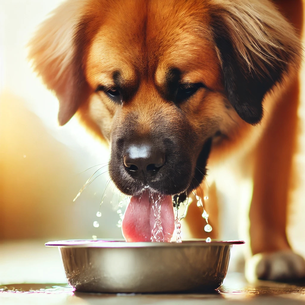 물 마시는 성견의 클로즈업 모습, 부드러운 배경 처리