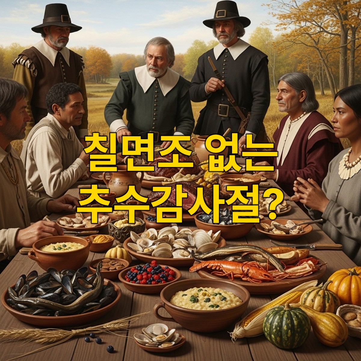 1621년 추수감사절 만찬을 재현한 이미지. 필그림과 왐파노아그족이 함께 모여 사슴 고기, 조개, 옥수수 요리 등 당시의 식재료로 차려진 소박하지만 풍성한 식탁을 나누는 모습.