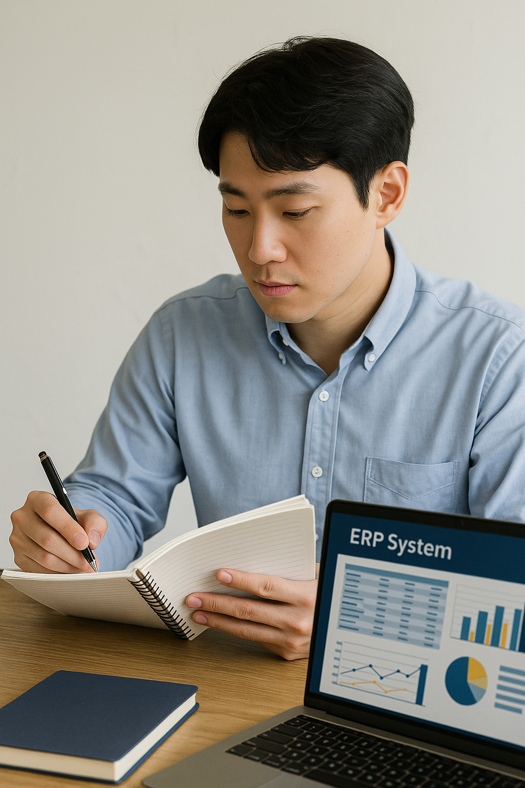 ERP정보관리사 시험을 준비하는 한국인 남성 수험자가 노트북과 노트를 활용해 공부하는 모습