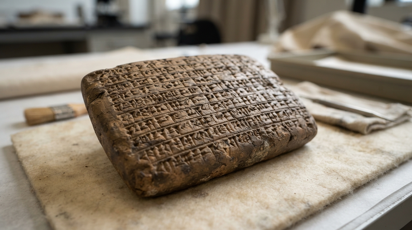 흙판 표면에 쐐기 모양 글자가 촘촘히 줄지어 새겨진 점토판이 작업대 천 위에 놓여 있어 별을 기록한 목록을 떠올리게 한다