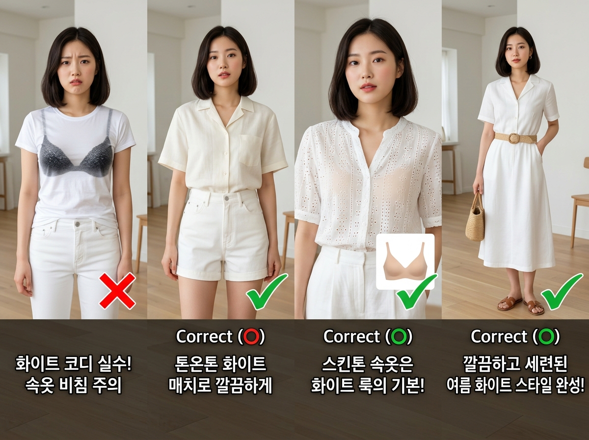 화이트 코디 주의사항 - 잘못된 예시와 올바른 예시

내용: 화이트 코디 실수, 이것만 피하면 돼요!
톤 매칭과 소재 관리가 핵심이에요
누드 속옷은 기본 중의 기본!