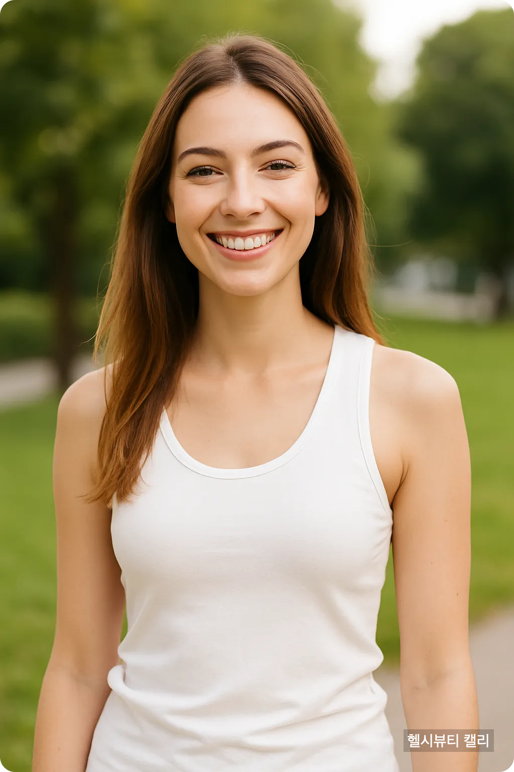 공원에서 밝게 웃는 여성 모델 사진, 건강한 분위기