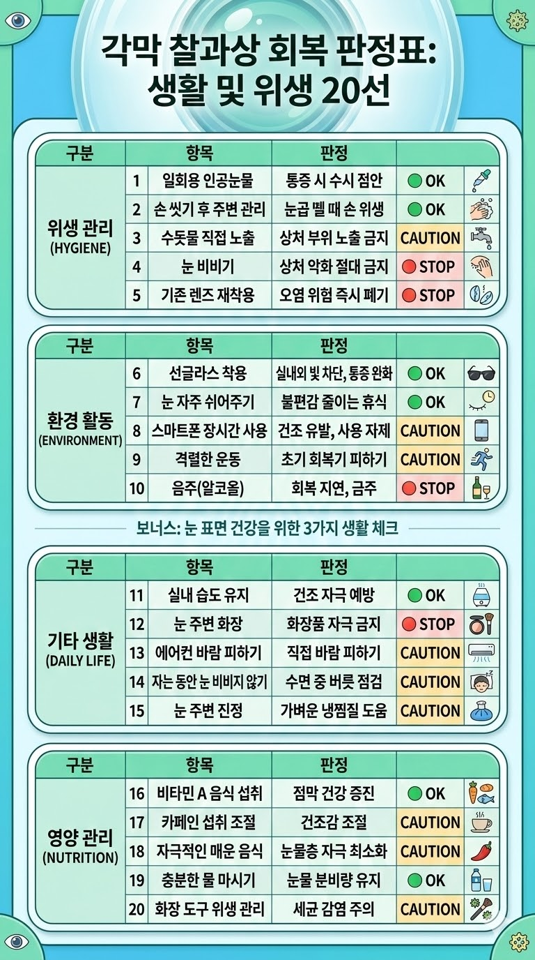 각막 찰과상 회복을 위한 생활 및 위생 관리 20가지 판정표 인포그래픽 (OK·주의·금지 기준 정리)