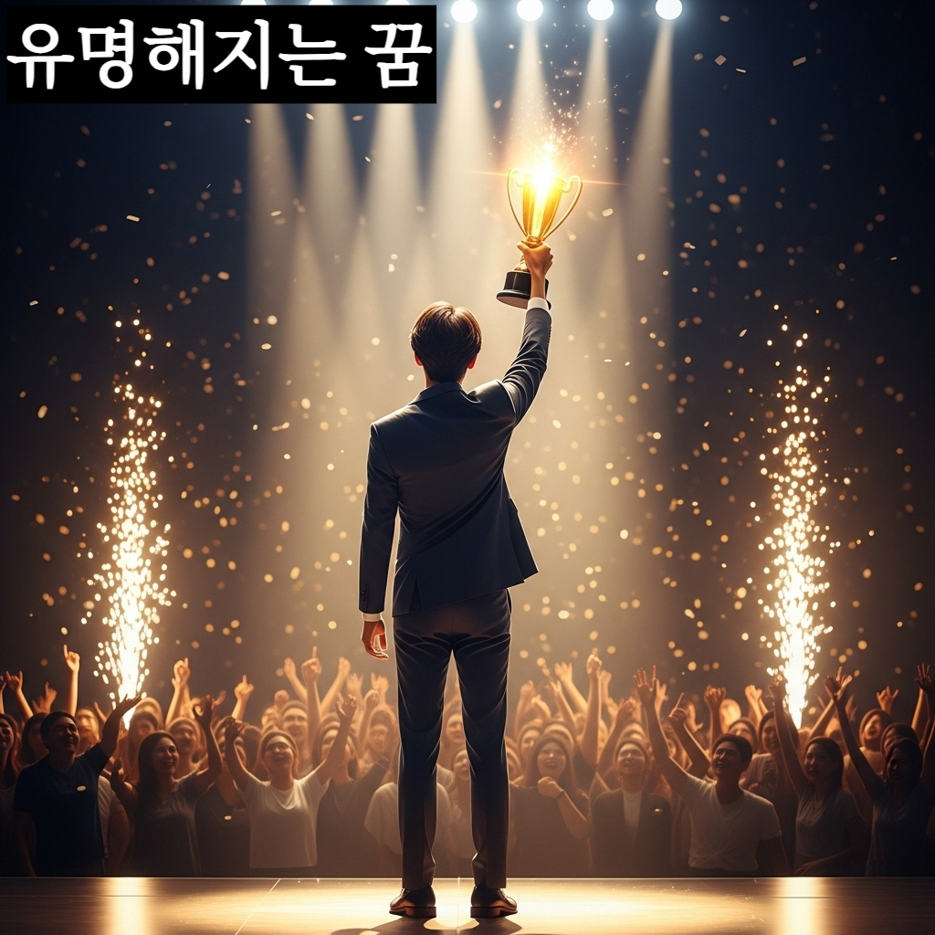 화려한 무대 위에서 수많은 관중의 환호를 받으며 황금빛 트로피를 들어 올리는 현대적인 한국인 전문가의 일러스트