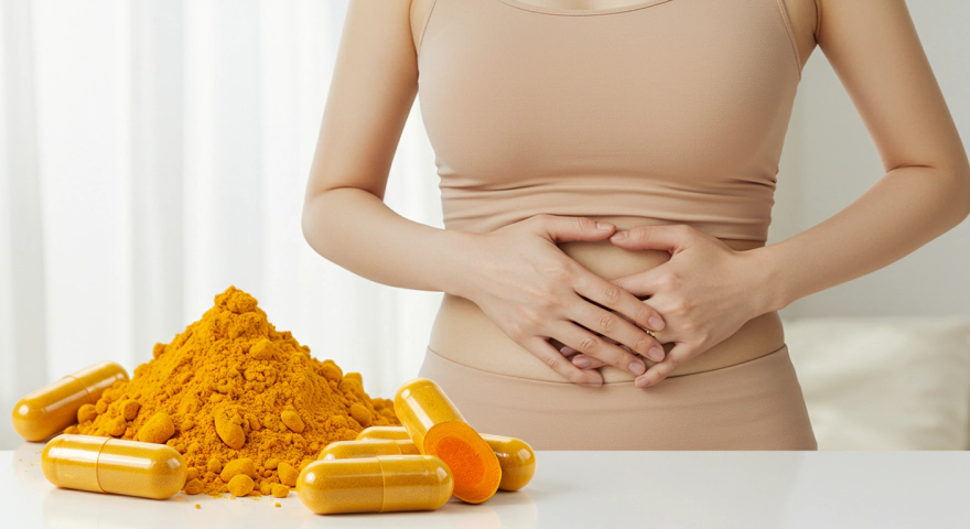 배를 잡고 있는 여성과 커큐민 영양제