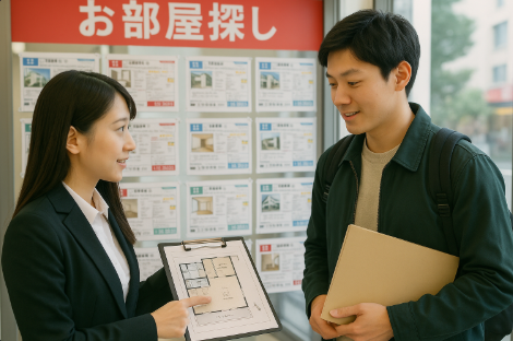 일본 부동산에서 원룸을 구하고 있는 모습입니다.