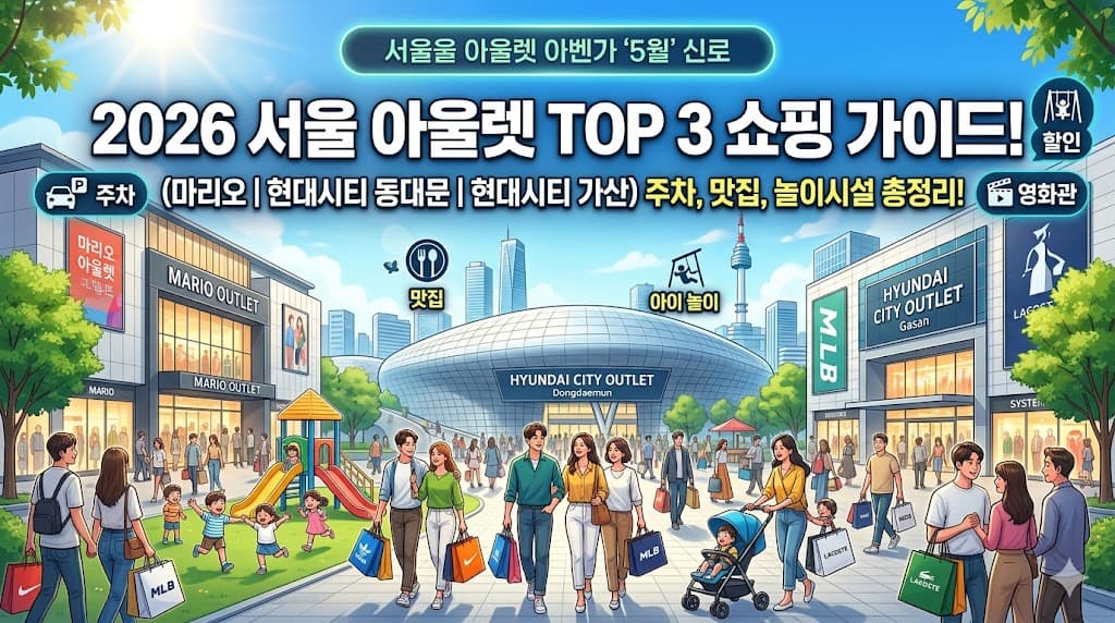 2026년 서울 주요 아울렛(마리오아울렛, 현대시티아울렛 동대문, 가산점)의 쇼핑 가이드 썸네일 이미지. 밝은 분위기의 아울렛 전경과 쇼핑백을 든 사람들, 아이들이 노는 놀이터 모습이 담겨 있으며 '2026 서울 아울렛 TOP 3 쇼핑 가이드'라는 문구가 포함됨.