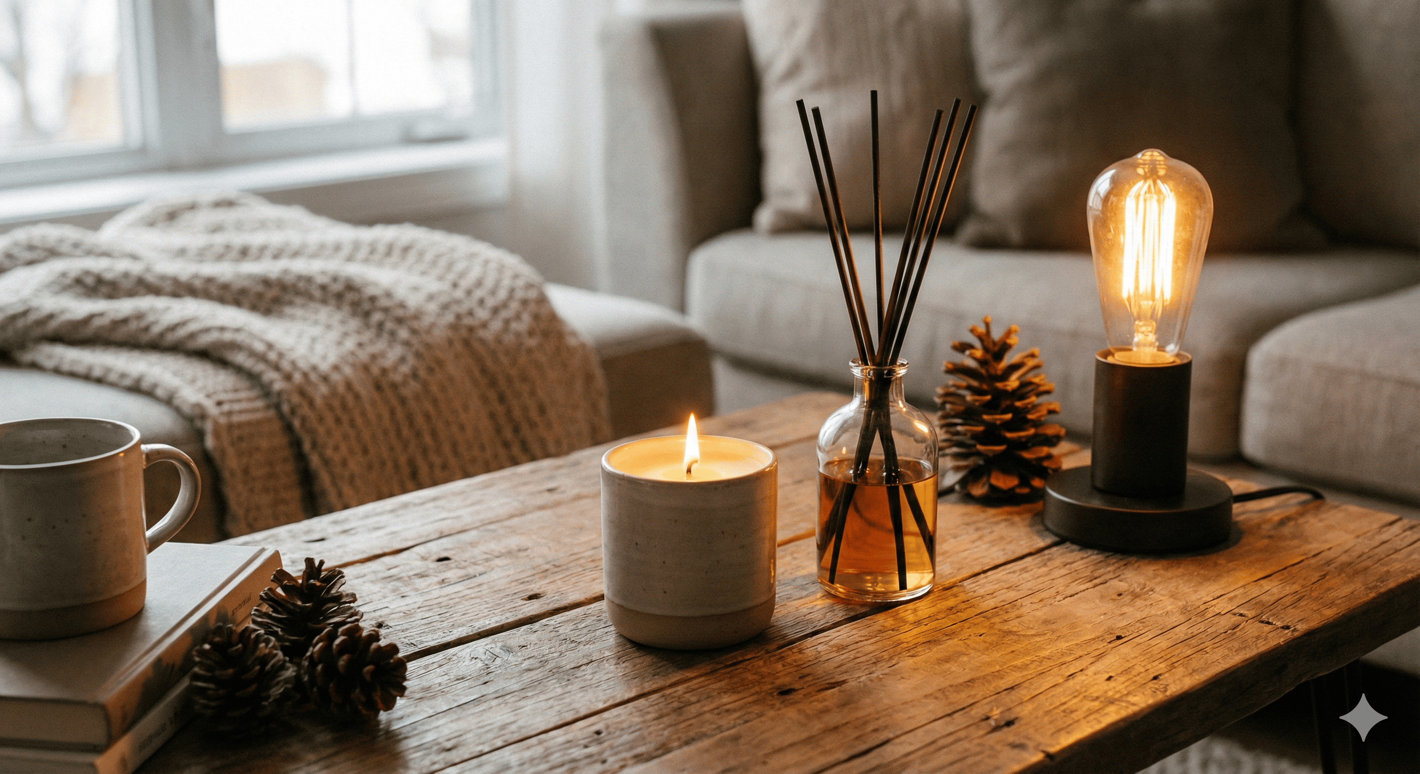 winter table setup with candle warmer, diffuser and soft light