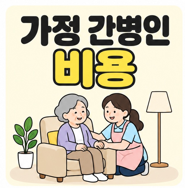 가정 간병인 비용 제목 아래 의자에 앉은 노인의 손을 잡고 돕는 간병인 그림