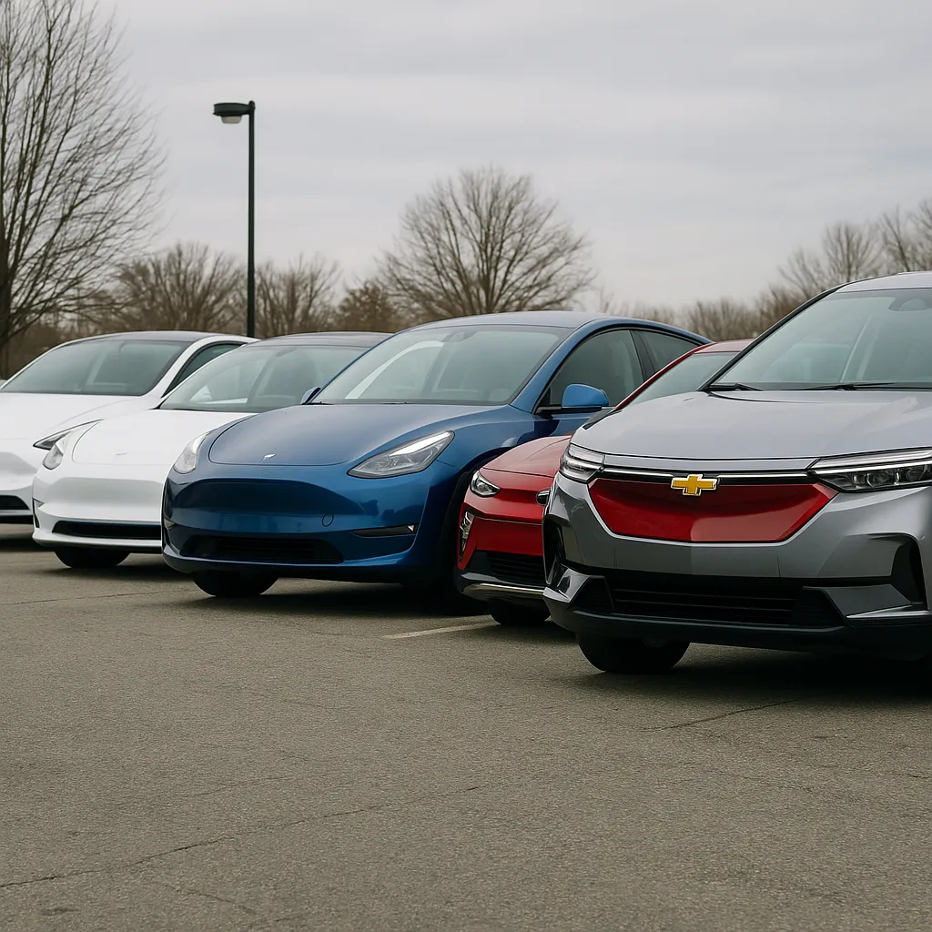 전기차 모델들이 정면으로 나란히 주차된 모습