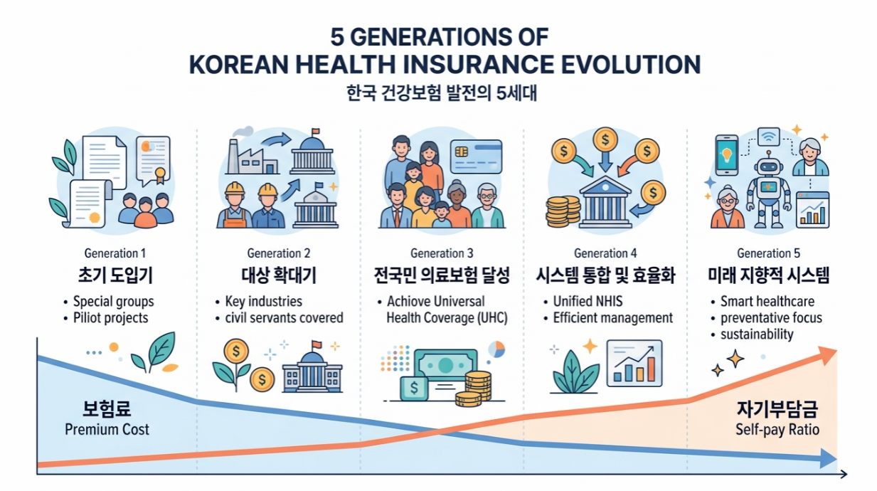 실손보험 전환 포스팅 썸네일(A clean flat-design infographic showing 5 generations of Korean health insurance evolution, timeline layout left to right, icons for each generation showing premium cost decreasing and self-pay ratio increasing, soft blue and orange palette, minimal text, modern financial illustration style)
