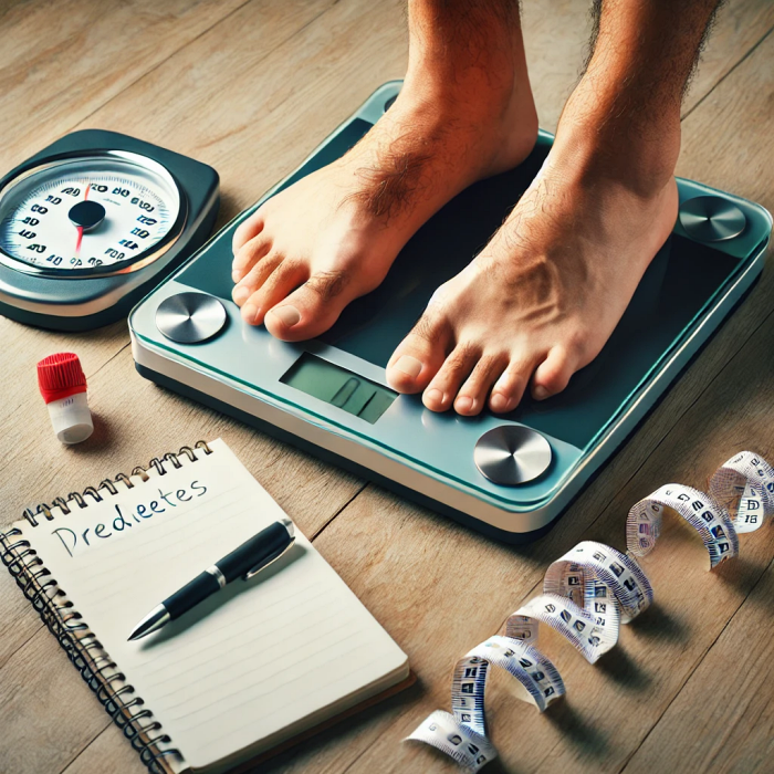 체중계를 사용하는 사람의 모습과 체중 기록 장면.