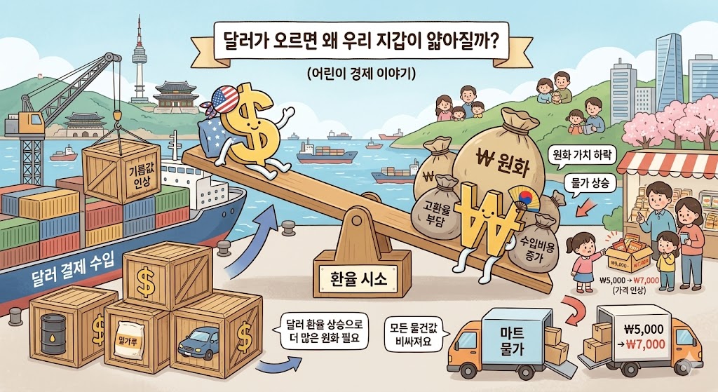달러 환율 상승으로 인해 외국에서 밀가루와 석유 등의 원자재를 비싸게 수입해 오는 과정을 나타낸 직관적인 3D 그래픽
