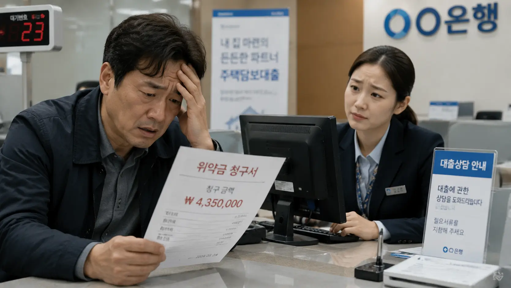 한국의 은행 창구에서 수백만 원이 찍힌 위약금 청구서를 보며 망연자실한 40대 남성과 이를 안타깝게 바라보는 은행원의 모습