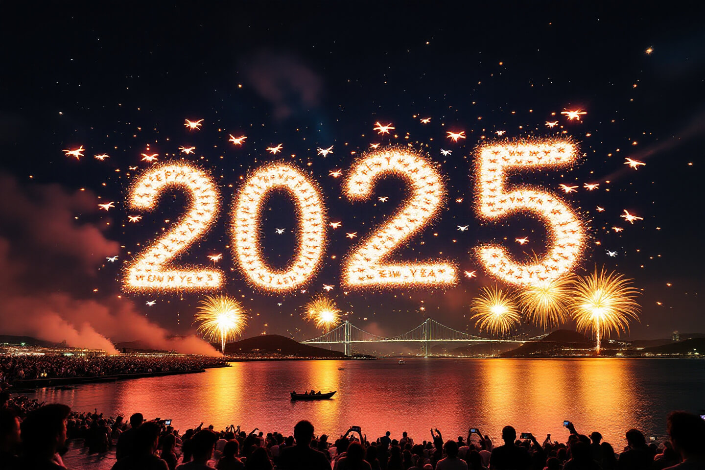 2025 카운트다운 부산: 드론 2025대가 밤하늘에 '2025' 숫자와 빛나는 메시지를 그려내는 모습. 광안대교와 불꽃놀이가 어우러진 화려한 축제 풍경