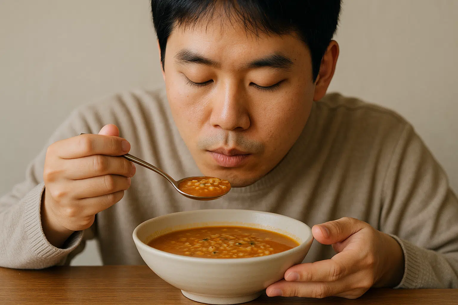 작은 숟가락과 얕은 그릇을 사용해 식사하는 사람, 걸쭉한 국물과 잘게 썬 음식