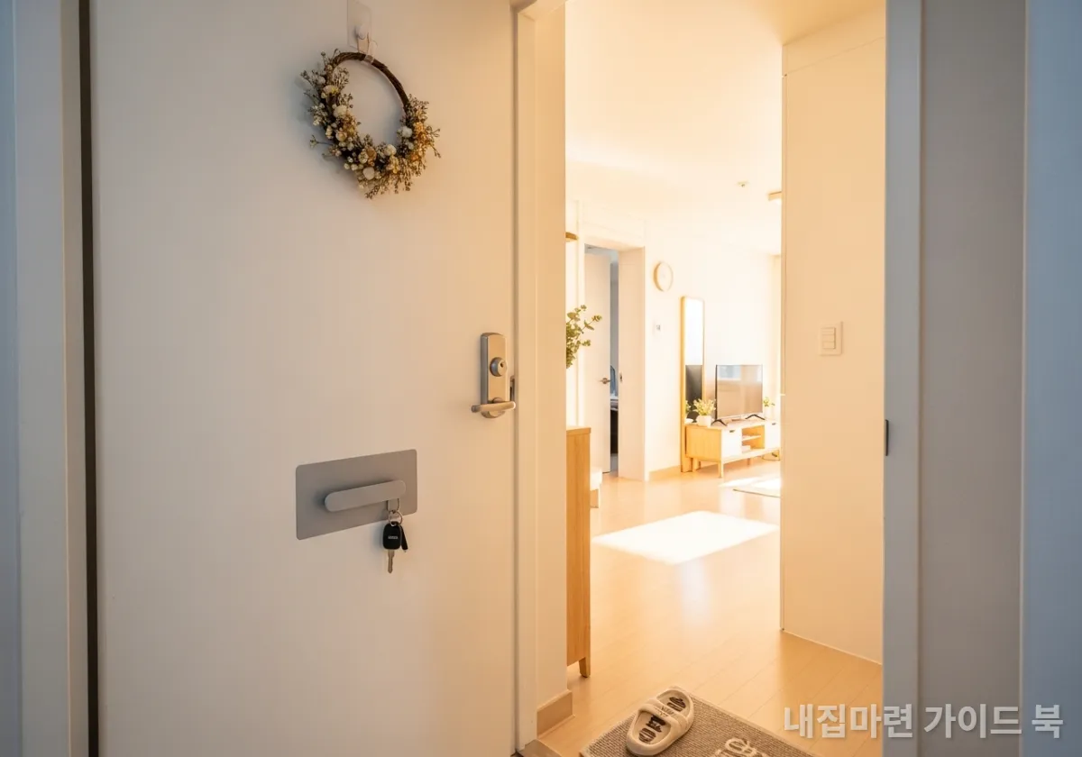 못 자국 없이 깔끔하게 정돈된 한국 원룸 현관 입구 인테리어