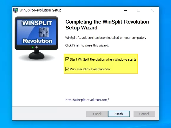 윈도우 시작 시 윈스핏 레볼루션 시작 및 지금 윈스플릿 레볼루션 실행 선택
