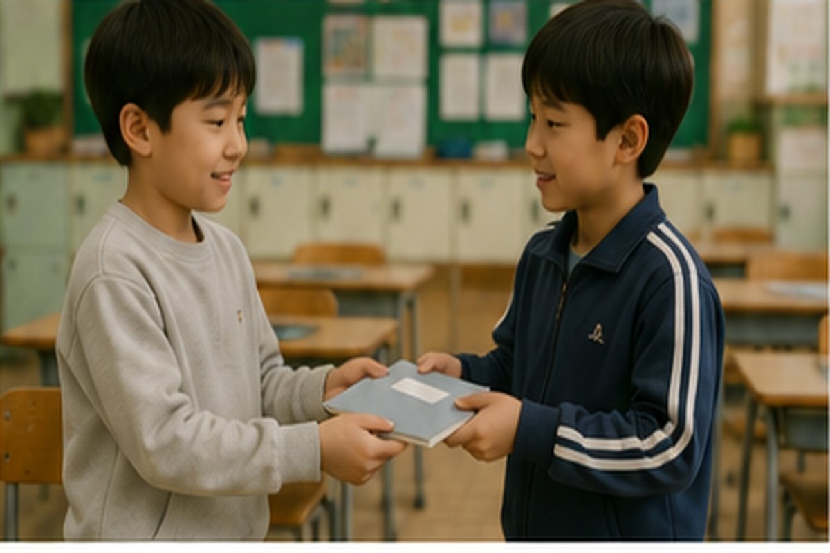 두 학생이 교실에서 마주 서서 빌린 공책을 돌려주는 모습