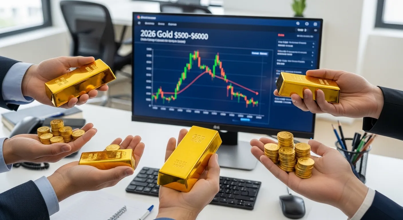 골드바와 금화를 들고 있는 손들, 그리고 2026년 금값 상승을 예측하는 전문가의 모니터 화면
