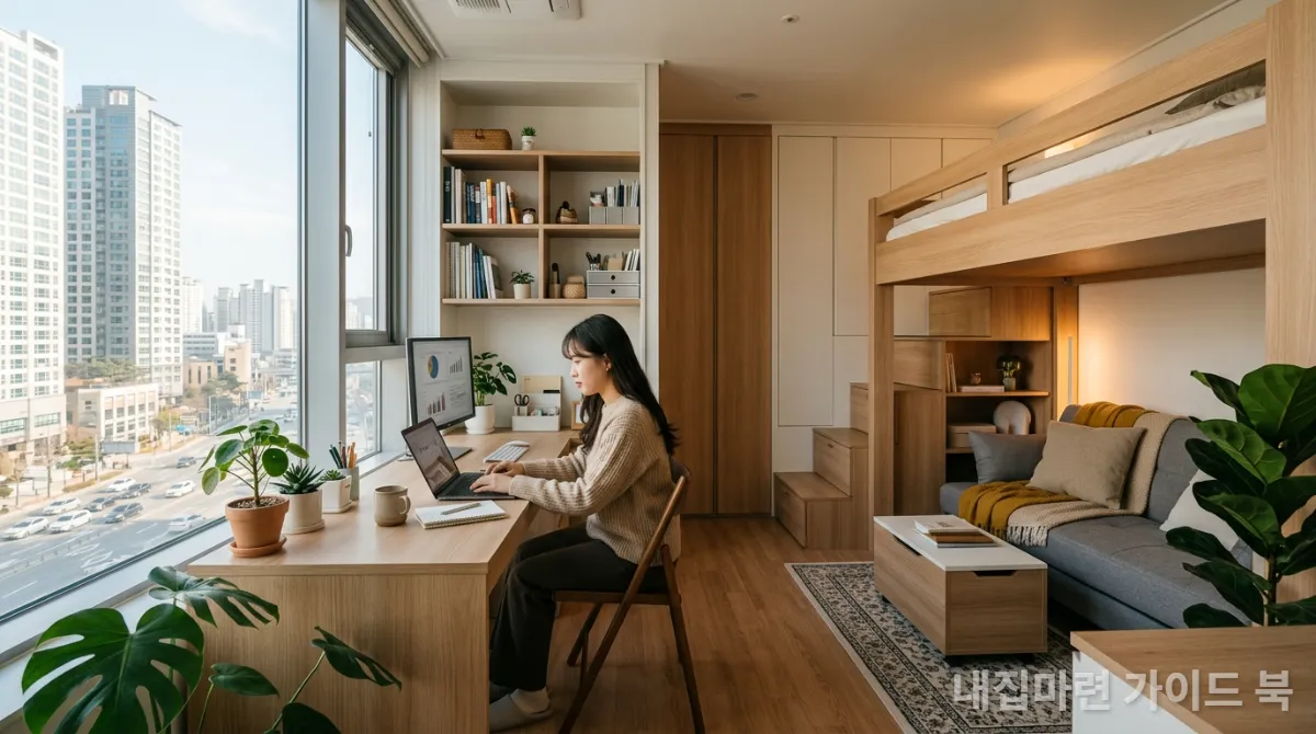 실용적인 수납과 다기능 가구로 꾸며진 한국의 소형 아파트 내부