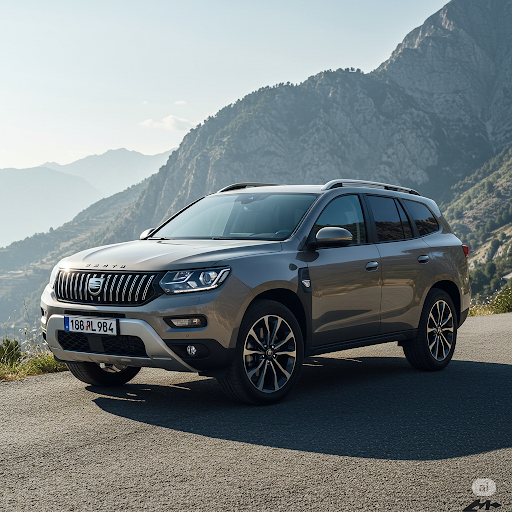 산 중턱의 배경으로 서있는 SUV