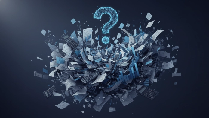 복잡하게 얽혀 있는 서류들과 계산기, 그래프들이 소득인정액 계산의 어려움을 보여주는 추상적인 이미지