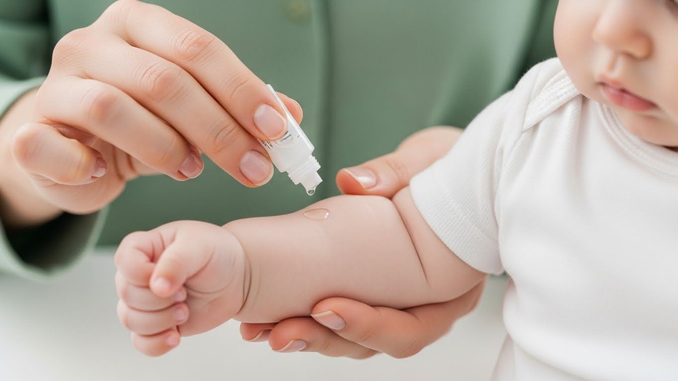 패치 테스트 중 부모의 손이 아기의 팔에 투명한 액체(토너를 상징하는)를 소량 떨어뜨려 부드럽게 바르고 있습니다.