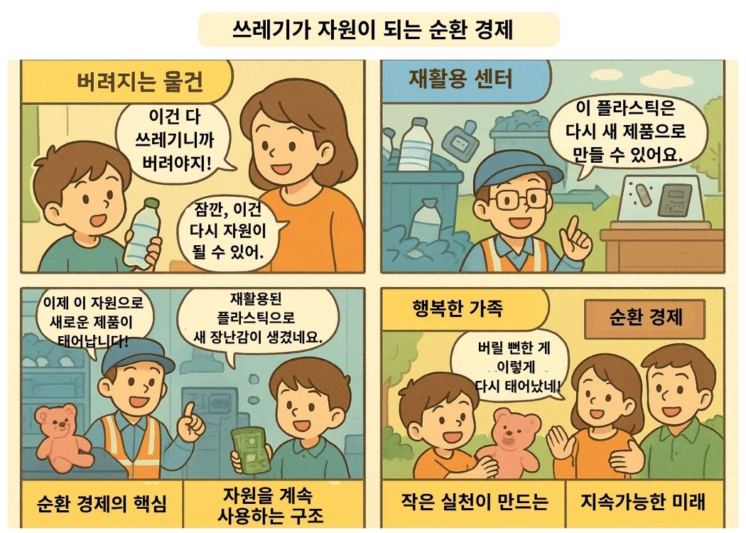 쓰레기가 자원이 되는 순환 경제를 설명하는 4컷 교육 만화