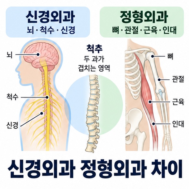 신경외과 정형외과 차이와 뇌 신경 척추 뼈 관절 근육의 진료영역을 비교한 의료 교육용 이미지
