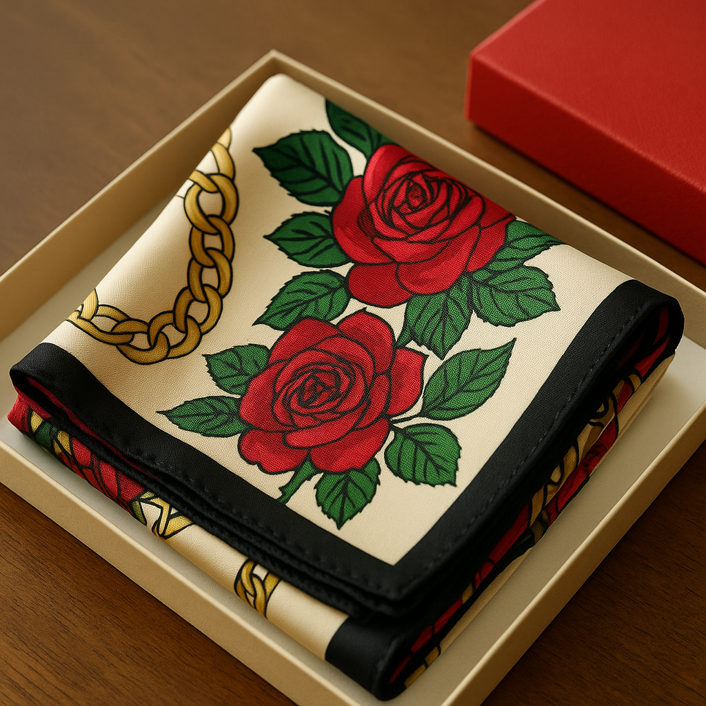 고급스러운 실크 스카프가 정갈하게 접혀 있는 실사 이미지