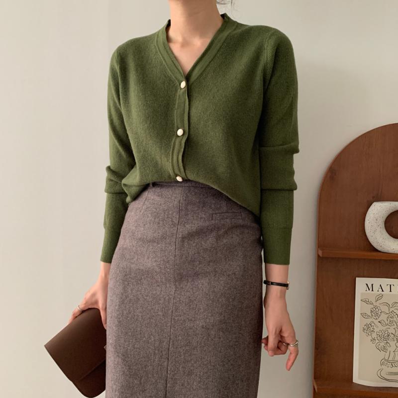 2164 캐시미어 진주단추 브이넥 크롭 니트 가디건 봄 카키