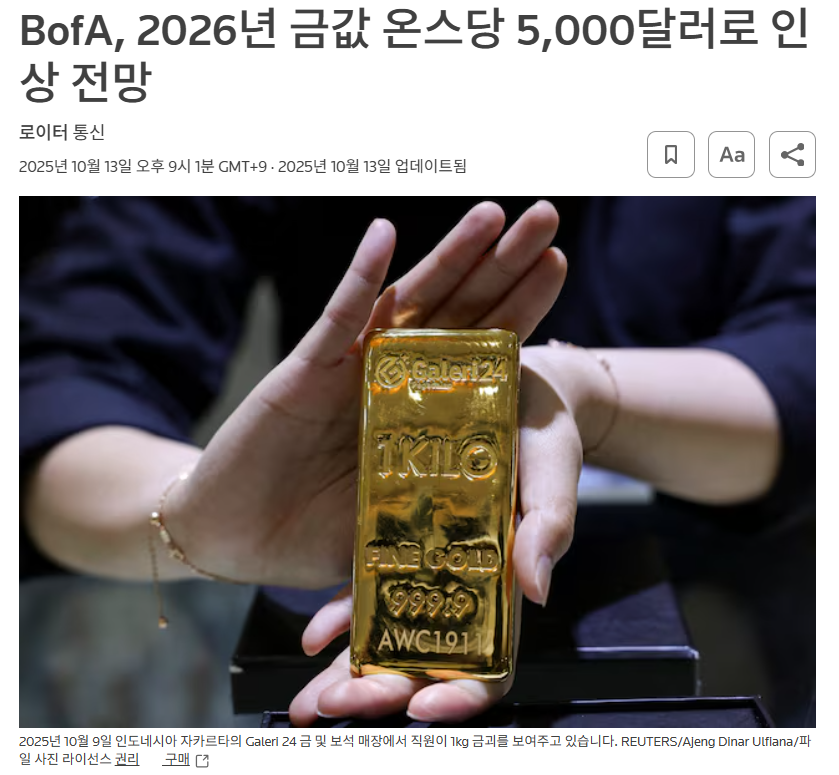 로이터 통신&amp;#44; 뱅크 오브 아메리카의 금값 5천달러 전망 기사 일부