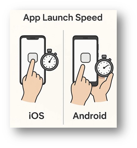 iOS와 Android의 동일한 앱을 통한 속도를 비교하는 모습