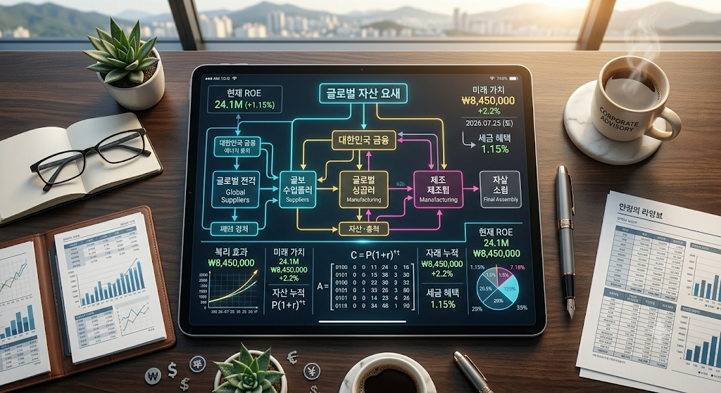 세련된 서재 테이블 위 태블릿 화면에 선명하게 정렬된 중동 지정학 리스크 방어망 및 AI 전력망 태양광 ESS 밸류체인 지도