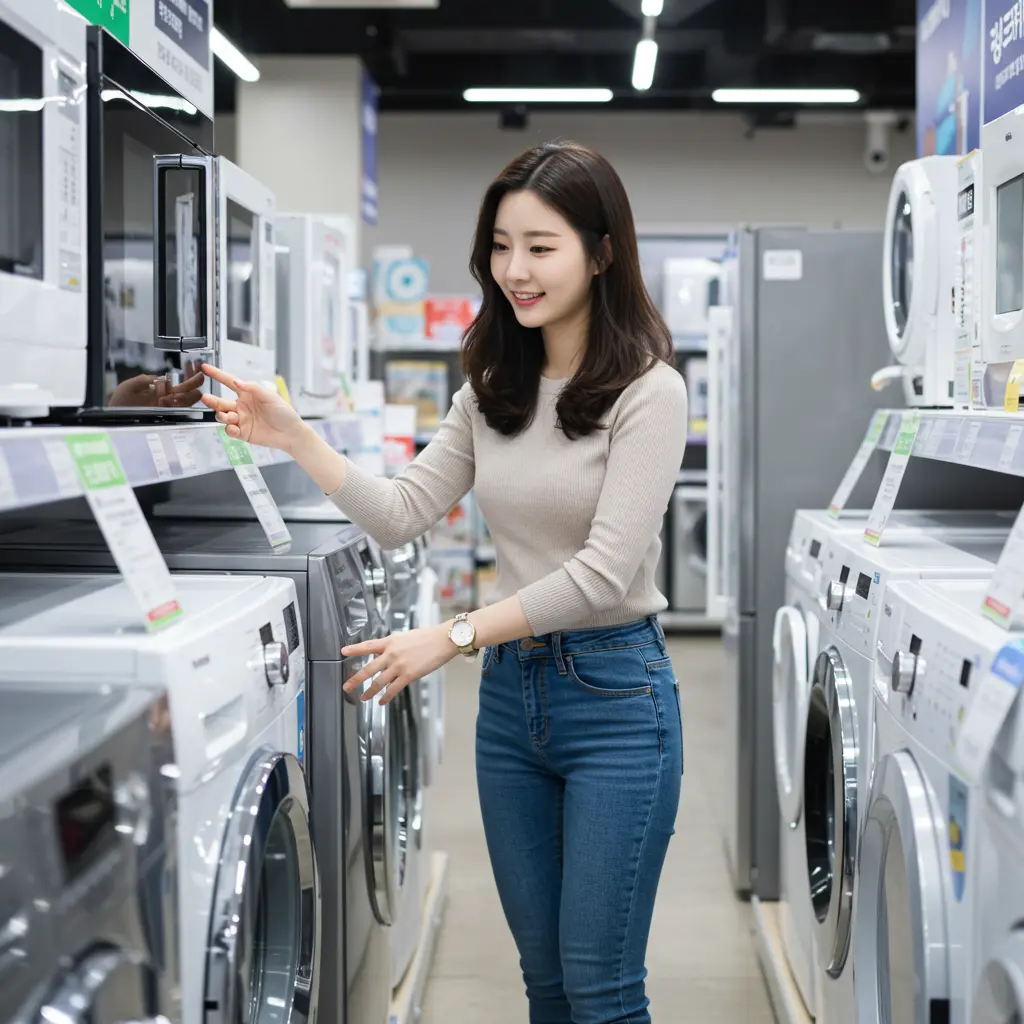 세탁기와 세제를 고르고 있는 여성